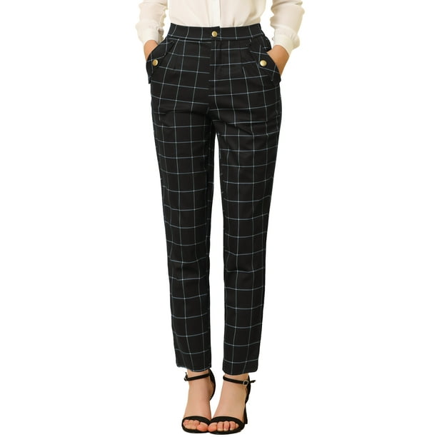 Pantalones A Cuadros De Tartan Vintage Para Mujer Pantalones Largos Rectos De Cintura Elastica Negro L Allegra K Pantalones