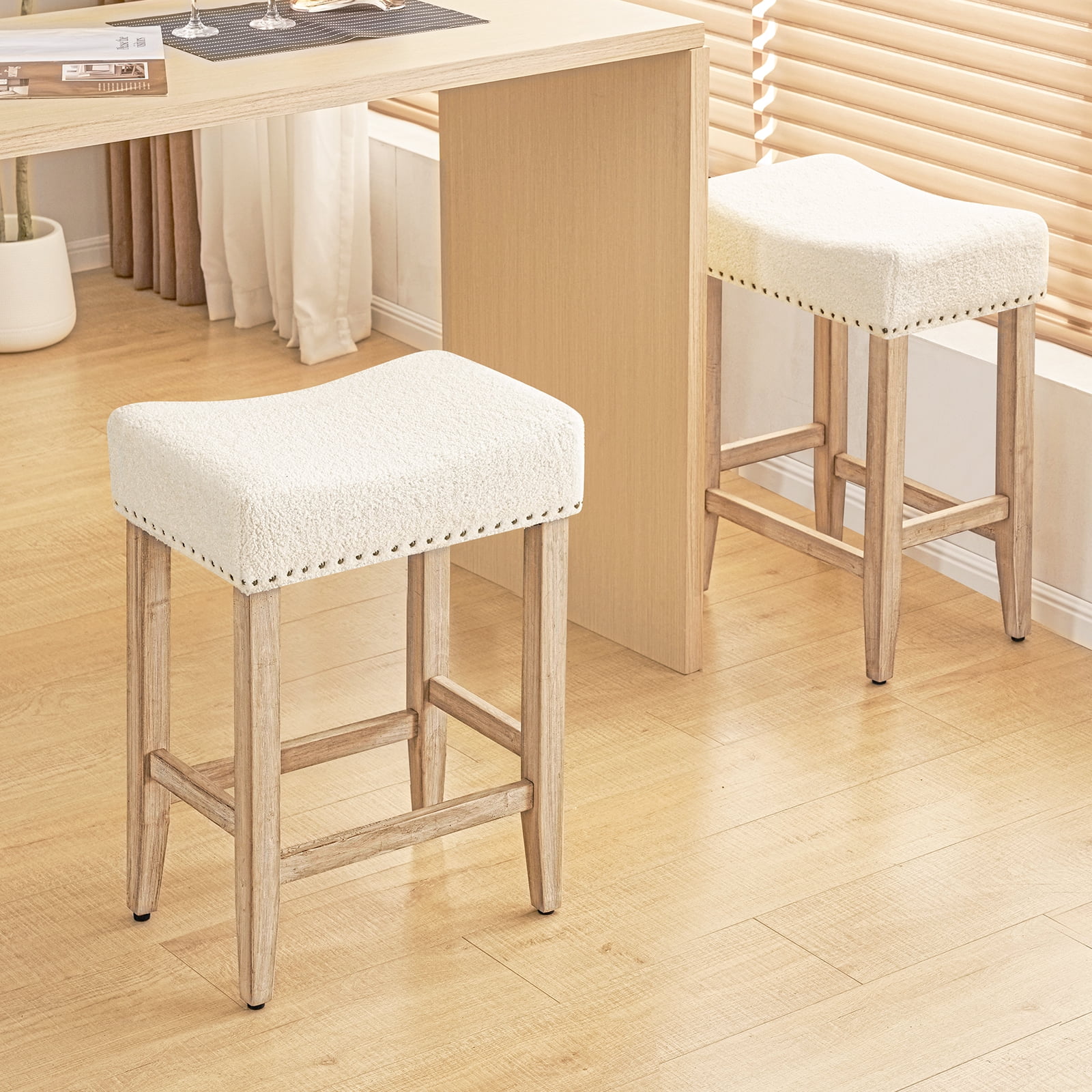 Furniliving 26" Modern Saddle Barstools, Sherpa Backless Kitchen Counter Bar Stool, Set of 2, Beige