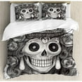 thumbnail image 3 of Queen Duvet Cover Set Twin Size, Day of the Dead Artwork Hand Drawing Folk Skull with Flowers Crown Ornaments, Decorative 2 Piece Bedding Set with 1 Pillow Sham, Black and White, by Ambesonne, 3 of 3
