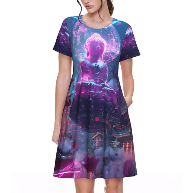 Balery Neon Buddha Cityscape Vestidos sueltos de manga corta para mujer, vestidos de verano 2025, vestidos casuales de corte A con vuelo.