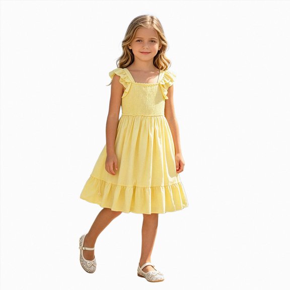 KPOPLK Toddler Girl Summer Dress Tie Strap Sleeveless Boho Sundress Beach Dresses for Baby Girls 12M-6Y(12-15 Years,Yellow)