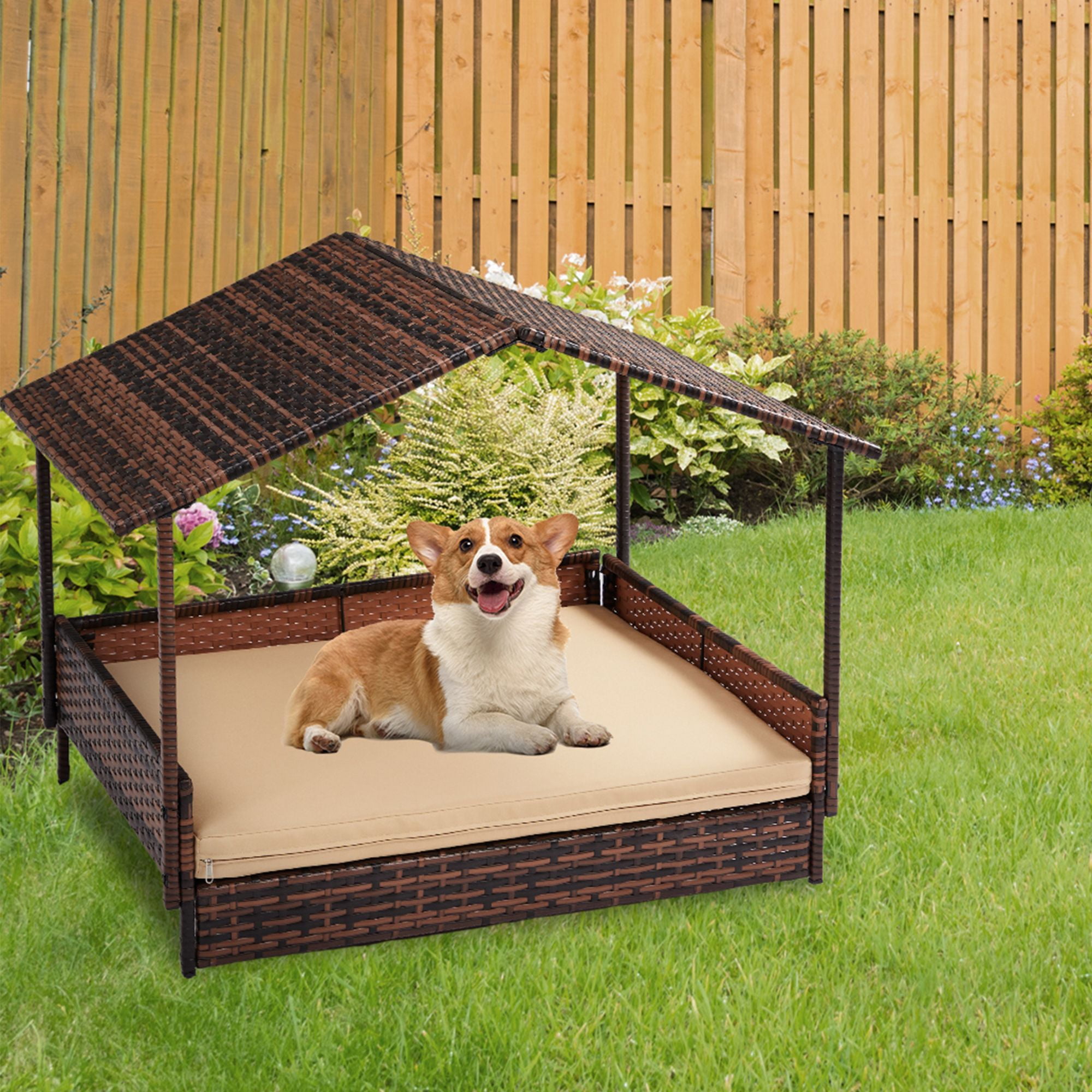 Kadyn 38" Outdoor Wicker Dog House with Canopy, Elevated Rattan Dog Bed for Medium Dogs, Indoor Dog Sofa with Washable Cushion Cover, Brown