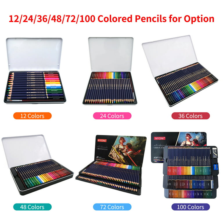 Nyoni Professional Watercolor Pencils Set 12/24/36/48/72/100 Colored  Pencils Water Soluble Color Pencils With Brush And Metal Box Art Supplies  For Chi