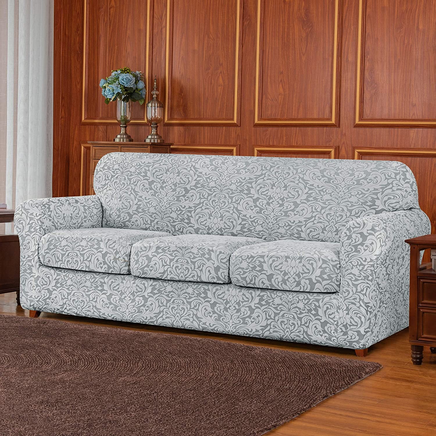 subrtex Jacquard Damask Sofa Slipcover with 3 Separate Seat Cushion Couch Cover Stretch Washable