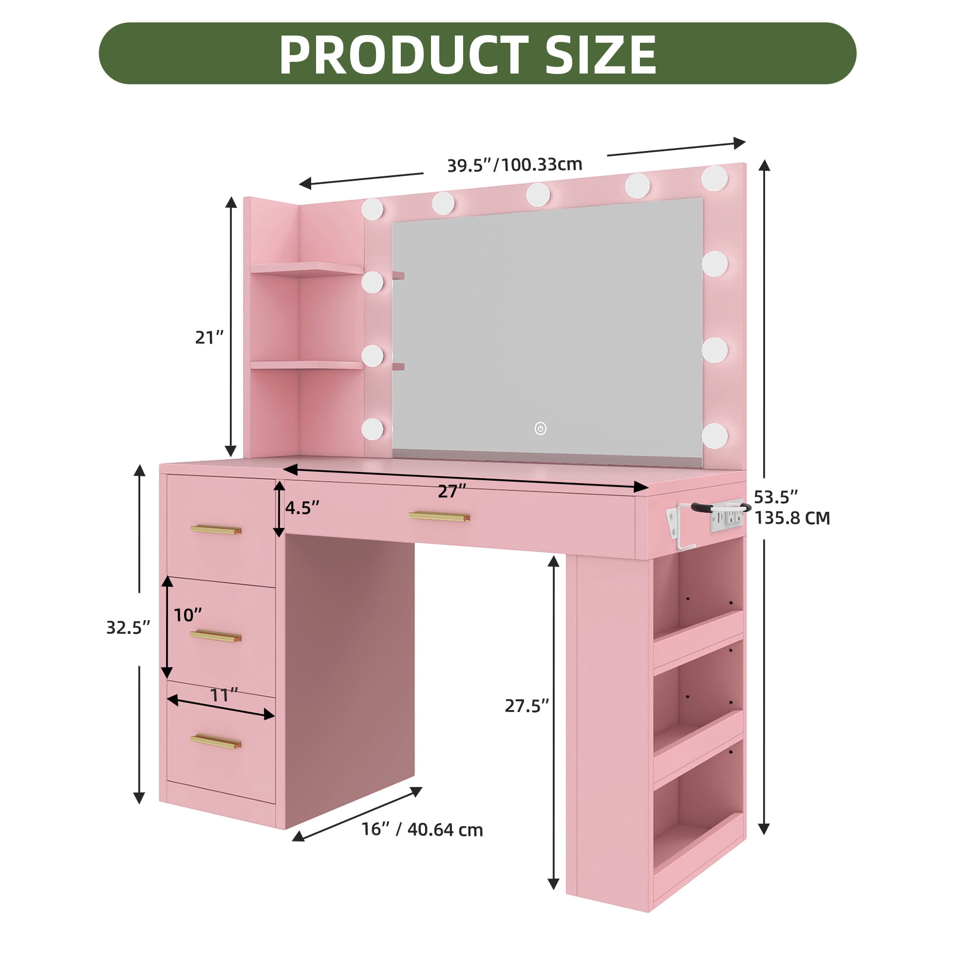 Uforic Makeup Vanity with 3 Color Lights & 3 Storage Shelves, Modern Vanity Makeup Desk, Pink