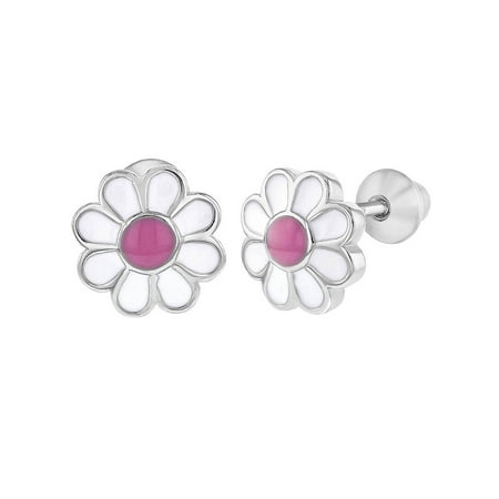 Enamel Flower Daisy - 925 Sterling Silver Pink Enamel Daisy Flower Earrings Screw Back Baby Girls