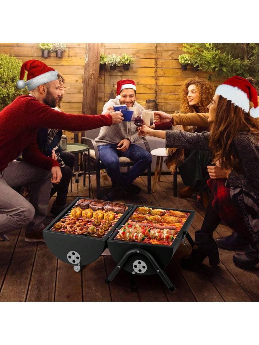 Portable Charcoal Grill and Compact Barrel Smoker, Foldable Double-Sided BBQ Grill for Camping and Tailgating, Stainless Steel with Wood Handle, Black