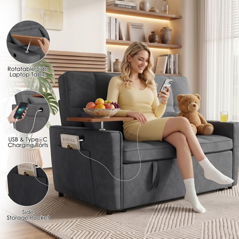 Anpport 3‑in‑1 Convertible Sleeper Sofa Bed, Pull‑Out Sofa with Side Desk, USB Ports, Cup Holders, Storage Armrests & Adjustable Backrest for Living Room Apartment, Dark Gray