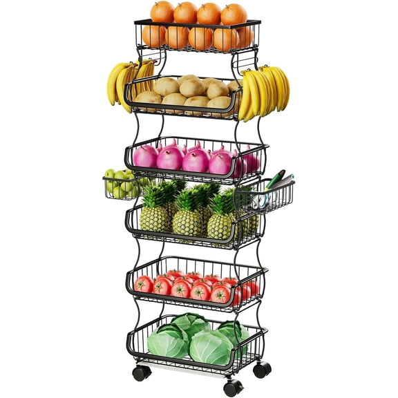 6 Tier Rolling Cart, Stackable Fruit Vegetable Basket with Wheels and 2 Hanging Basket, Kitchen Storage Metal Wire Basket Stand for Vegetable Bread Snacks, Black