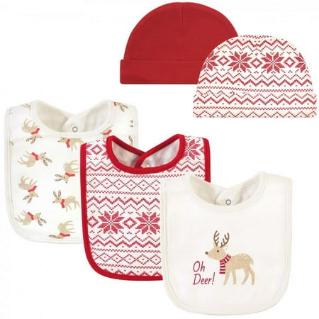 UPC: 0660168563436 | Hudson Baby Infant Boy Cotton Bib and Caps Set 5pk  Oh Deer  One Size