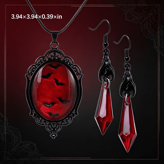 DESIGNICE Gothic Vampire Bat Earrings Necklace Set - Vintage Dark Bat Earrings,Blood Pendant - Mystic Witch Jewelry Gifts Halloween Costume for Women, gothic jewelry for women