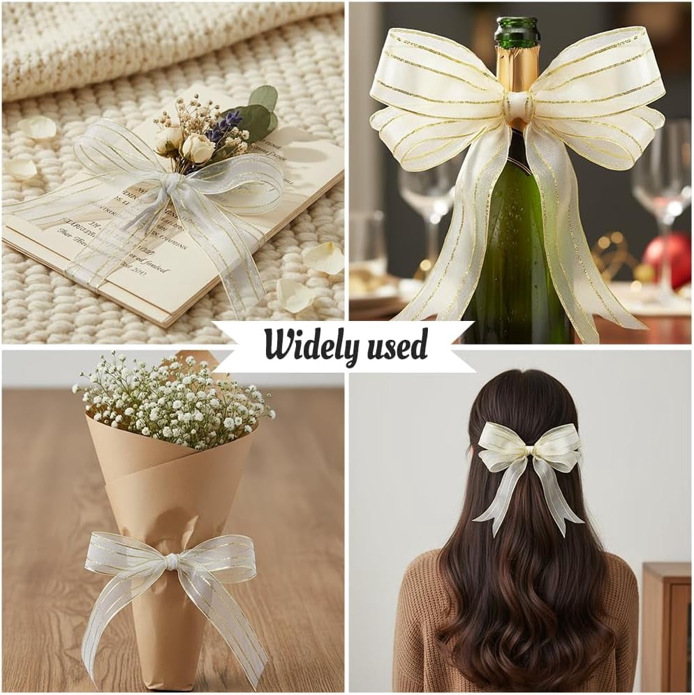 White Organza Ribbon 50 Yards 1 Inch Gold Edge Sheer for Gift Wrapping DIY Craft Christmas Tree Wedding Party Decoration Flower Bouquet Hair Bow Making Ribbons