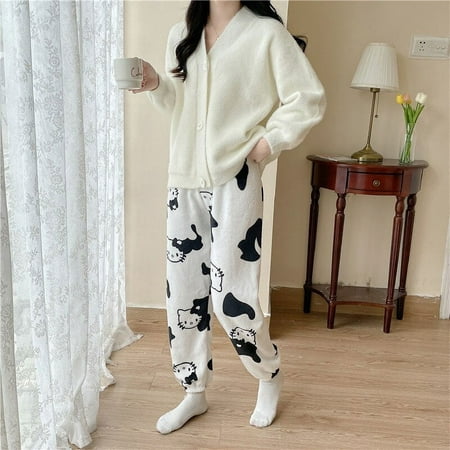 

In Stock Sanrio Hello Kitty Flannel Pajamas Black Women S Warm Woolen Cartoon Casual Home Pants In Autumn Winter Fashion Trouser