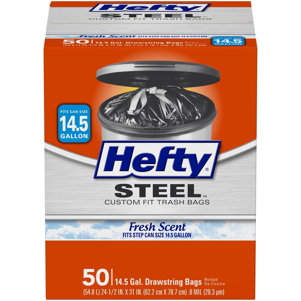 Hefty Steel Tall Kitchen Trash Bags, 14.5 Gallon, 50 Bags (Fresh Scent