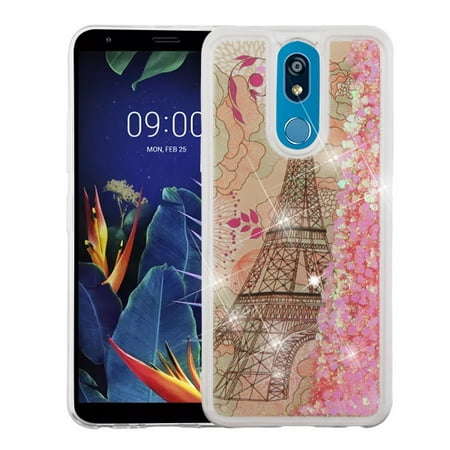LG K40 Phone Case BLING Hybrid Luxury Floating Liquid Glitter Shiny Waterfall Quicksand Sparkling Rubber Silicone Gel TPU Hard Protective Eiffel Tower Paris Cover Cellphone Case for LG K40
