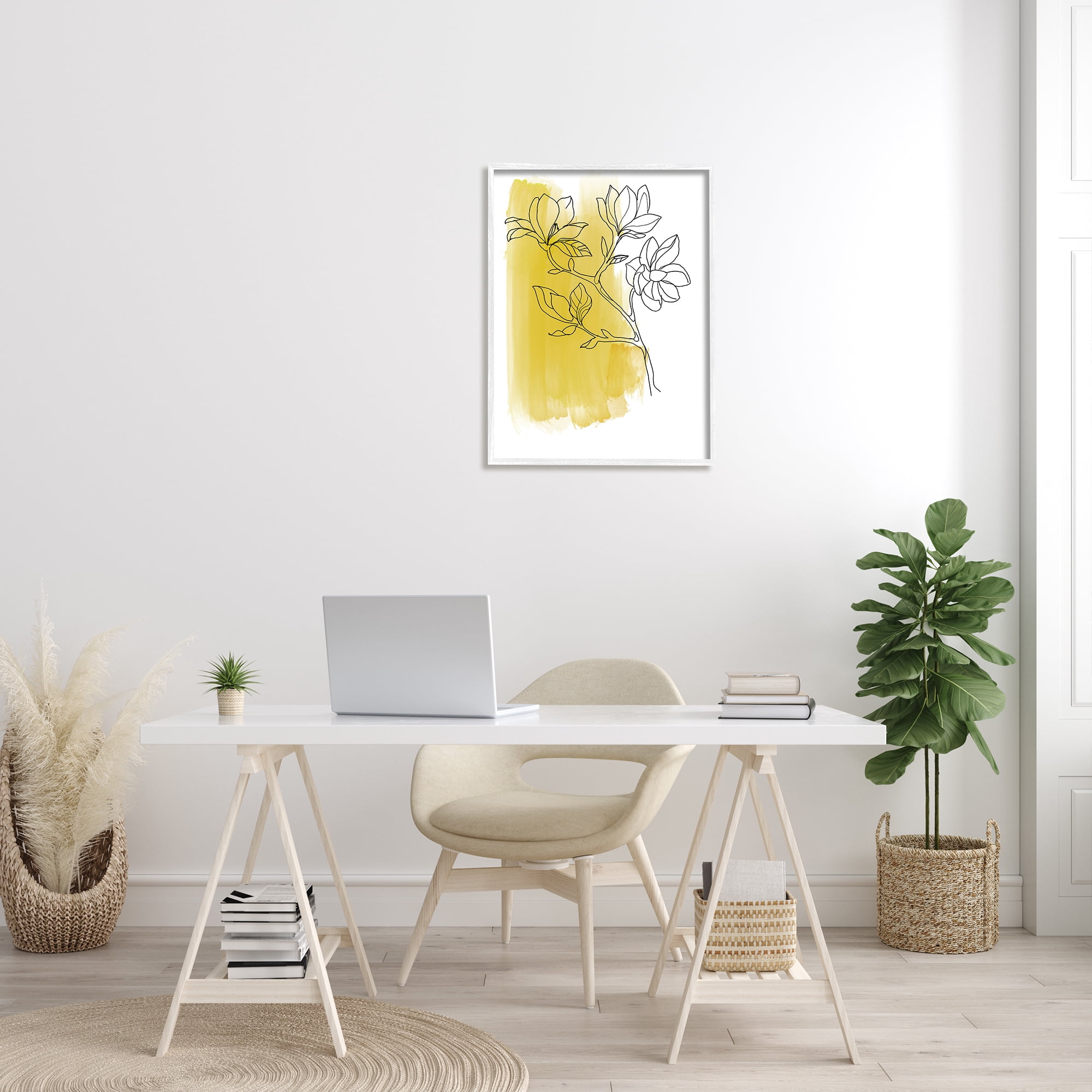Stupell Industries Tree Blossom Branch Line Drawing Yellow Brush Pattern Modern Drawing White framed Art Print Wall Art, 24 x 30, Design by Bronwyn Baker