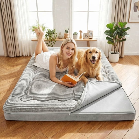 Japanese Futon Mattress, 6 Inch Double Layer Corduroy Floor Bed with High-Density Foam, Foldable Tatami Mat for Sleeping, Portable Guest Bed for Adults Kids Camping, Gray, Full Size