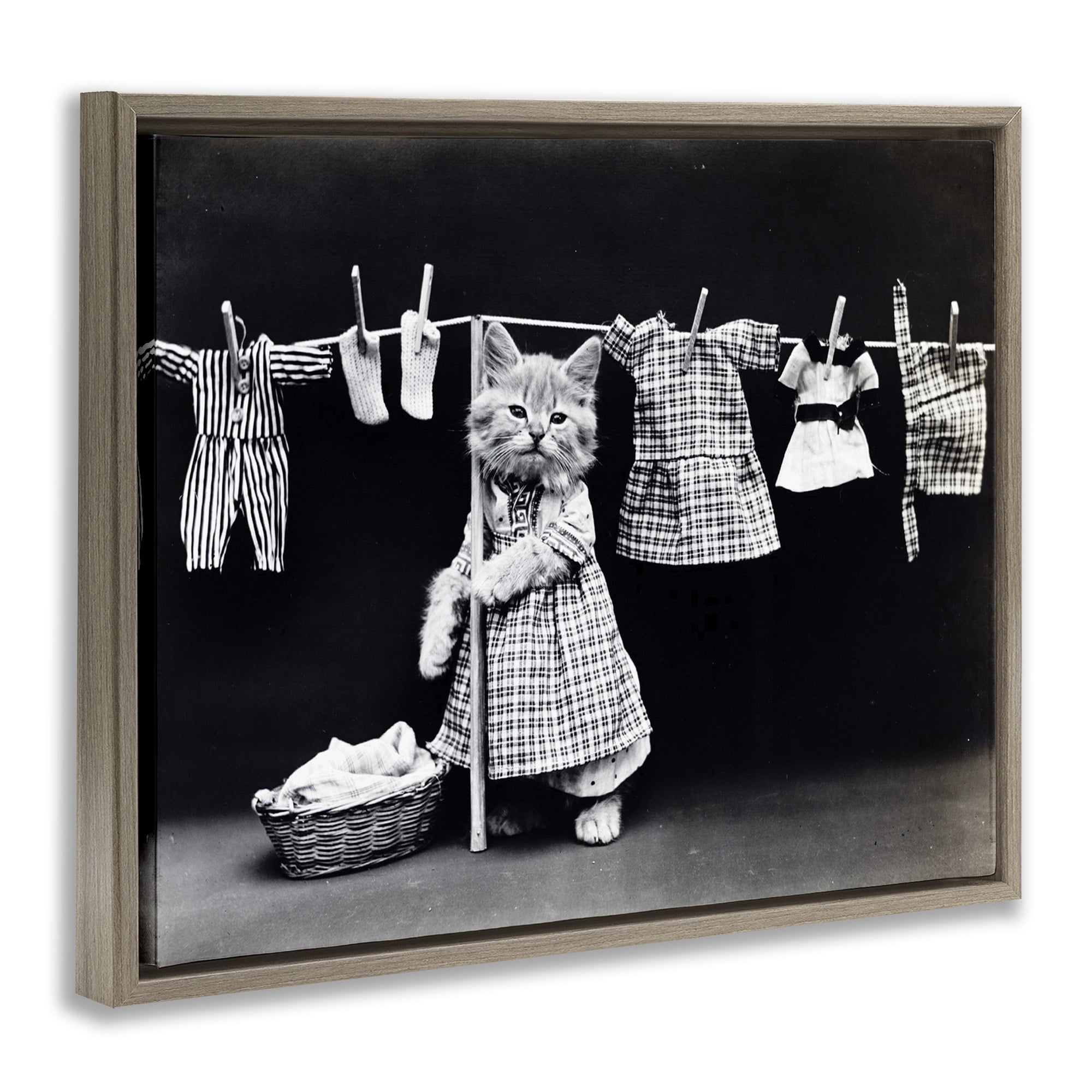 Stupell Industries Kitten Does The Laundry Animals & Insects Photography Brown Floater Framed Canvas Art Print Wall Art, 21 x 17