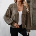 thumbnail image 3 of Women's Fashion Casual Solid Color V-Neck Long Sleeve Loose Knitted Cable Button Cardigan Sweater Jacket for Fall and Winter Layering,Camel,L, 3 of 5
