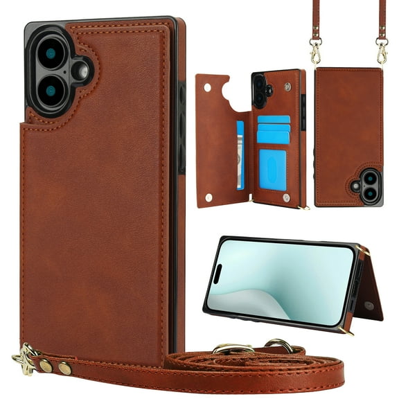 Dteck Flip Leather Wallet Case for iPhone 16 5G, Crossbody Wallet Phone Case with Credit Card Holder Strap Lanyard, Women Girl Purse Kickstand, Brown