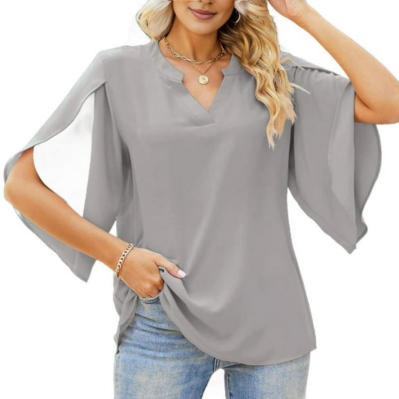 Women'S Casual Chiffon Blouse Tops 3/4 Ruffled Sleeve V Neck Loose Fit Blouses Shirts Gray XXL