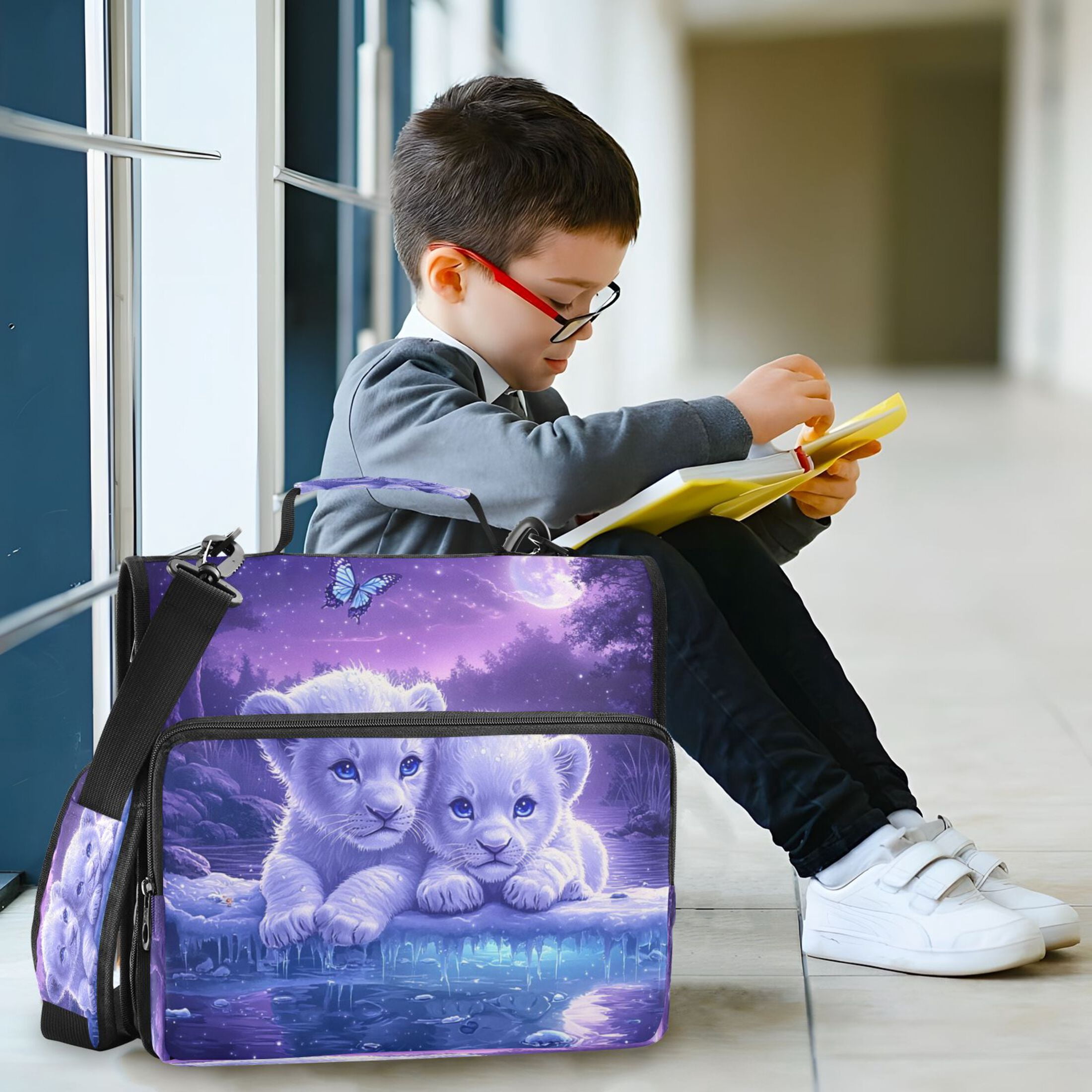 YAZAOO Zipper Binder trapper keeper Documents Organized Design Lion Cubs under The Moon Printed