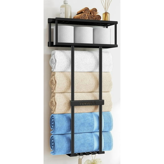 Bathroom Towel Storage Rack, Metal Towel Racks Wall Mounted Can Holds 5 Large Towels, 30.5IN Bathroom Towel Holder with Shelf & Storage Basket, Bathroom Towel Organizer with 3 Hooks, Black