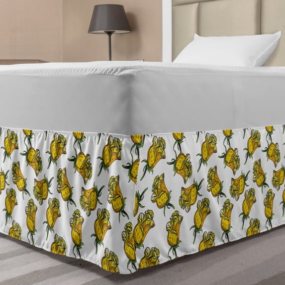 Rose Bed Skirt, Computer Graphics of Mustard Toned Burgeoning Flowers English Garden Art, Elastic Bedskirt Dust Ruffle Wrap Around for Bedding Decor, 4 Sizes, Earth Yellow and White, by Ambesonne