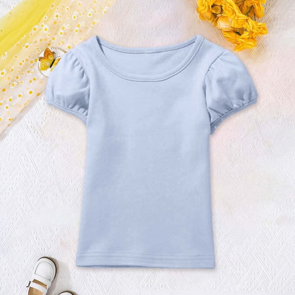 Girls Puff Sleeve T Shirts For Toddlers Crew Neck Short Sleeve Tops Cute Casual Tees for Summer and Dressy Outfits