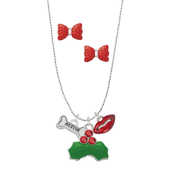 Delight Jewelry Silvertone Mini ''Rescue'' Dog Bone Christmas Kiss Charm Necklace and Stud Earrings