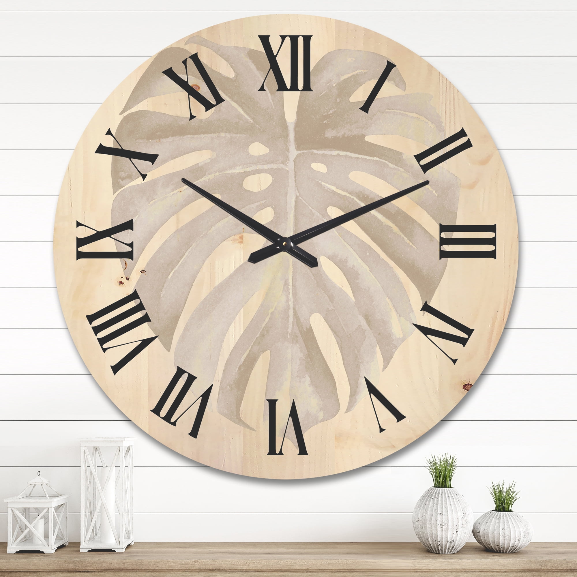 Designart 'Beige Ivory Pastel Monstera Heart Shaped Tropical Leaf' Traditional Wood Wall Clock