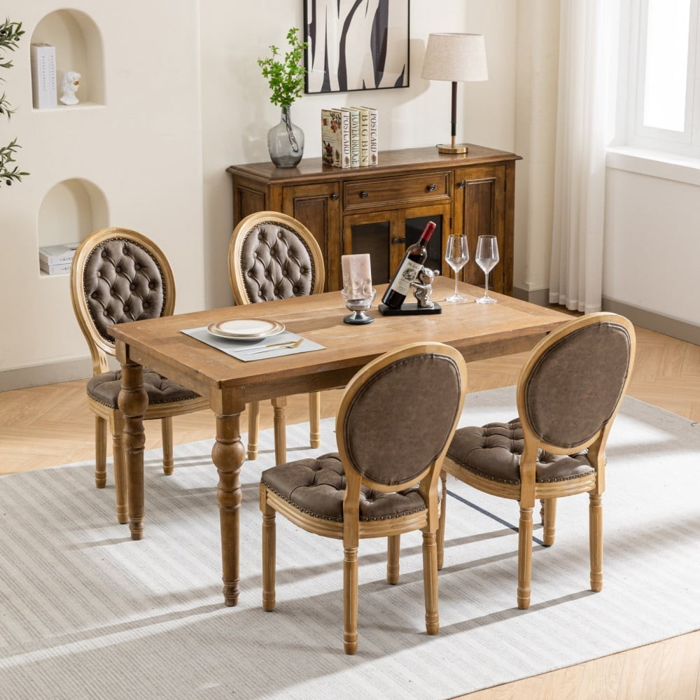 French Style Dining Chairs Set of 2, Solid Wood Upholstered Side Chairs with Tufted PU Leather, Nailhead Trim, Oval Back, Brown