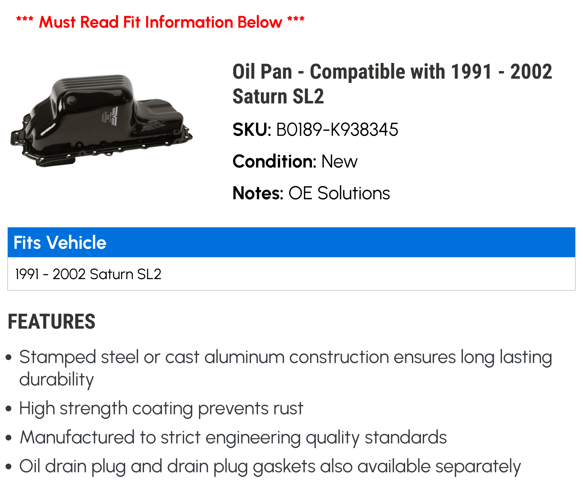 Oil Pan - Compatible with 1991 - 2002 Saturn SL2 - Dorman