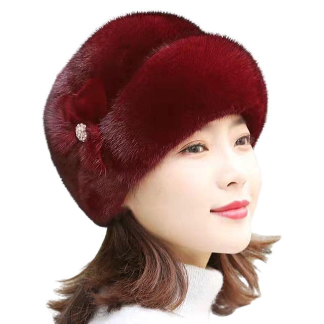 Clinaoy - Gorro de invierno para mujer, elástico, de felpa, imitación de visón, terciopelo, resistente al viento, color liso, con boina floral, suministros para mujer