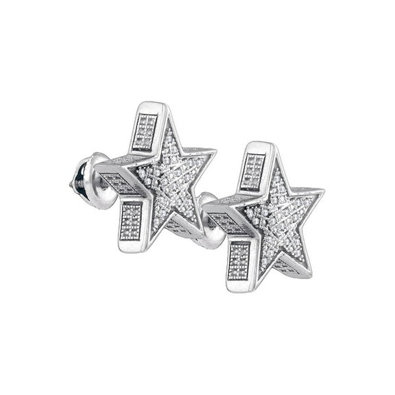 Sterling Silver Mens Round Diamond 3D Star Stud Earrings 1/8 Cttw