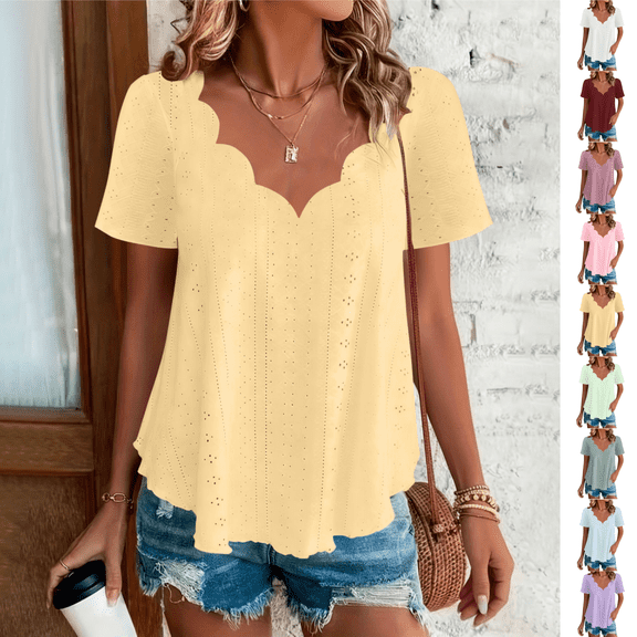 Odbmxy V-Neck Shirts for Women 2026 Summer Short Sleeve Womens Blouses Plus Size Yellow Holiday Solid Color Ruffles Fancy Tops