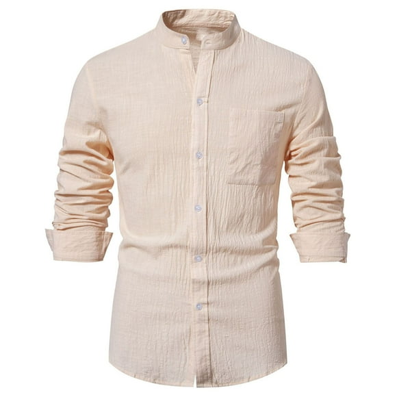 Yuyuzo Men Cotton Linen Shirts Basic Work Blouse Business Casual Tops Long Sleeve Button down Solid Color