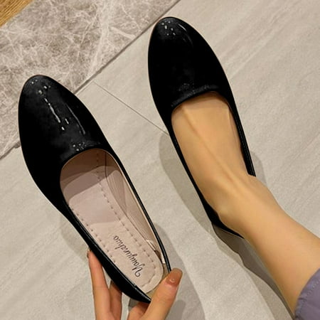 

ERTUTUYI Fashion Women Spring And Summer Leather Soft Soled Leather Shoes Flat Wedge Pointed Toe Shoes Black 37