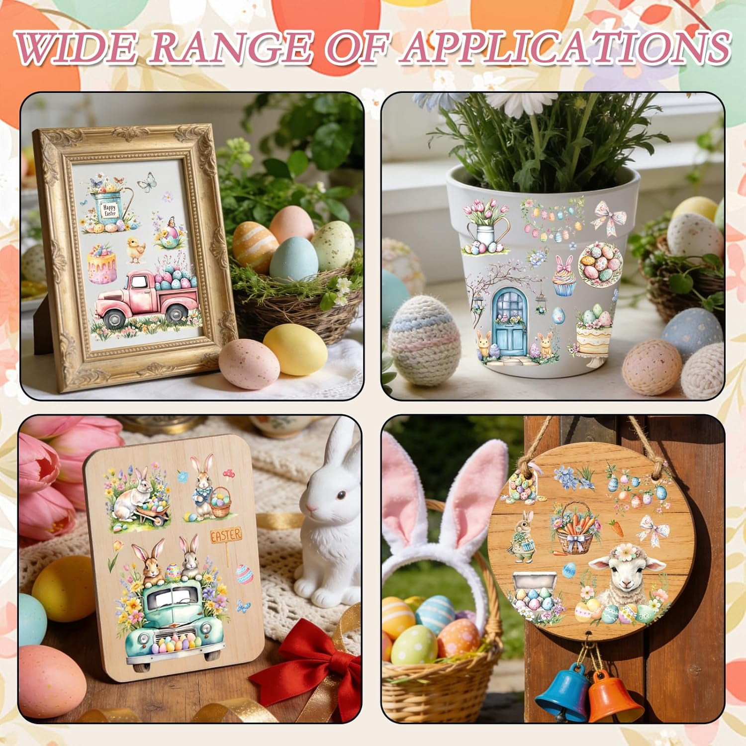 Easter Rub on Transfers for Crafts - 12 Pcs Easter Bunny Rub on Transfers for Furniture Vintage Flower Rabbit Transfer Decals for Wood DIY Glass Home Decor 5.9x5.9 Inch