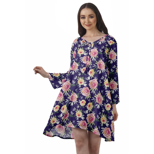 Moomaya Robe Évasée en Rayonne pour Femmes Manches Longues Imprimée Col en V Décontractée Robe de Plage pour Filles