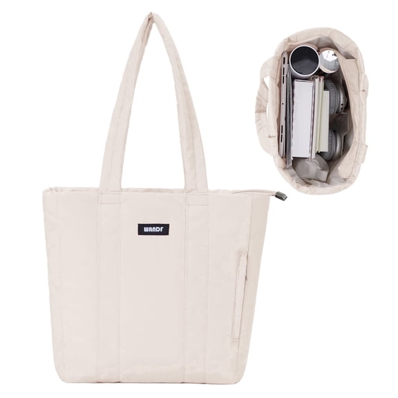Puffer Tote Bag for Women Quilted Work Bags Travel Handbag Carry on Bag for Commuter Gym College School, Gifts for Teachers, Beige
