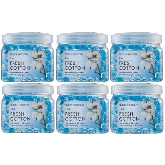 SMELLS BEGONE 12 oz Odor Eliminator Gel - Air Freshener - Absorbs & Eliminates Odor in Bathrooms, Cars, Boats, RVs & Pet Areas - Made with Essential Oils - Fresh Cotton Scent (6-Pack)