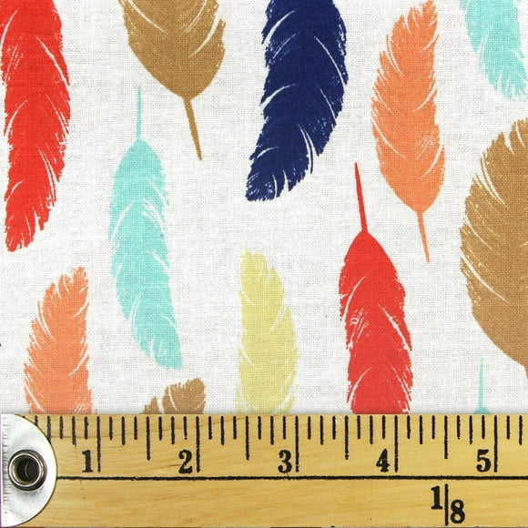 Fabric Creations White with Colourful Feathers Fat Quarter Pre-Cut Fabric - 18" x 21" / 45cm x 53cm