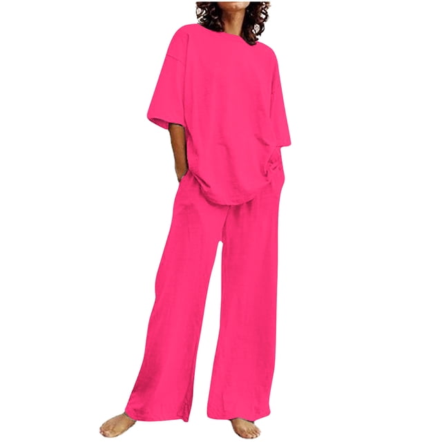 Hvobtty Ensembles de Blouses Décontractées à Manches Courtes Col Rond pour Femmes, Été Blouses Décontractées à Manches Courtes Col Rond/en Vrac Tube Droit avec Poche Ensemble Pantalon Long