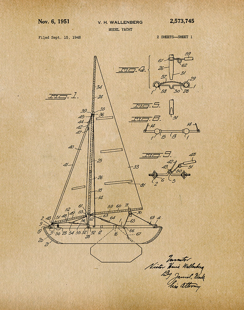 Original Yacht Artwork Submitted In 1951 - Nautical - Patent Art Print ...
