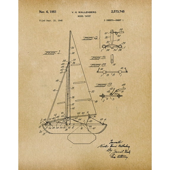 Original Yacht Artwork Submitted In 1951 - Nautical - Patent Art Print