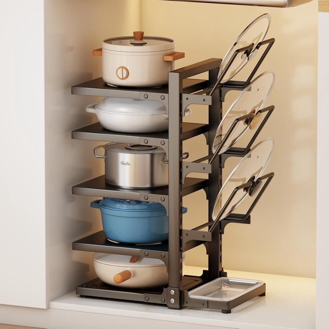 Organizador de Sartenes y Ollas Altura Ajustable Organizador de Tapas de Ollas Metal Porta Sartenes de Cocina Impermeable y Antioxidante Estante Soporte Separador Negro 6 niveles y 1 soporte de tapa