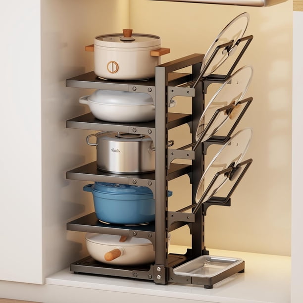 Organizador de Sartenes y Ollas Altura Ajustable Organizador de Tapas de Ollas Metal Porta Sartenes de Cocina Impermeable y Antioxidante Estante Soporte Separador Negro 6 niveles y 1 soporte de tapa
