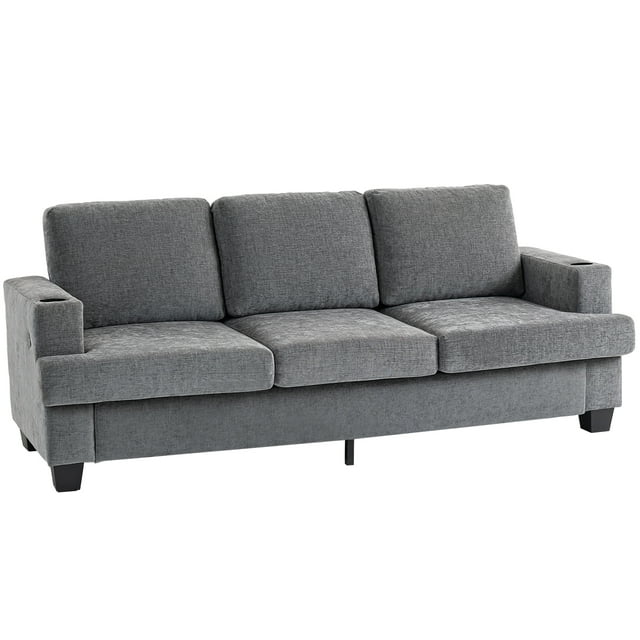 HOMCOM 3 Seater Sofa, Upholstered Couch with USB Ports & Cup Holders, Grey