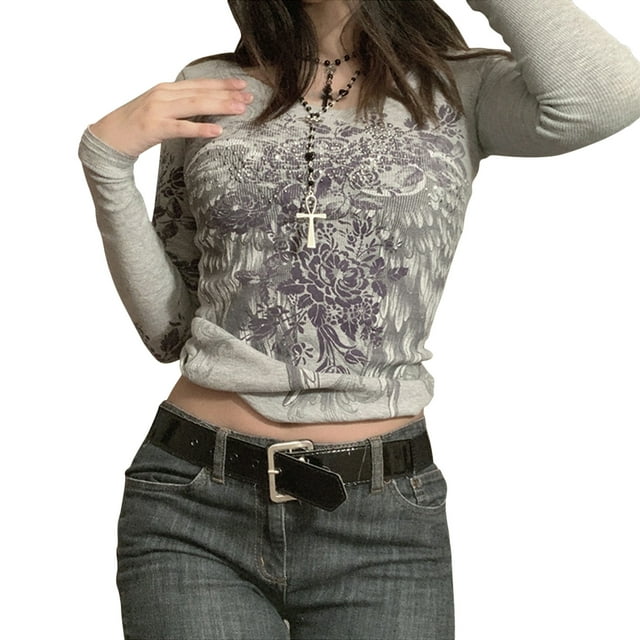 goowrom T-shirt Décontracté à Manches Longues pour Femmes, Imprimé Vintage de Plumes, Ailes et Fleurs, Col Rond